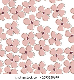 Seamless background with childish floral pattern. Pink simple primitive flowers on a white background. Botanical background in flat Scandinavian style for printing on fabric, wallpaper, paper