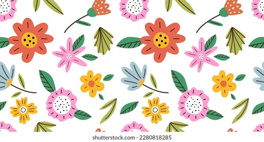 Seamless background childish floral pattern with hand drawn flowers. Baby wallpaper for kids room with bright simple flowers. Flat vector illustration.