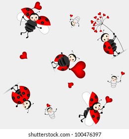 seamless background for children with beautiful ladybug and red hearts - vector