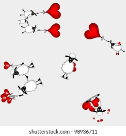 seamless background for children with funny sheep and red hearts