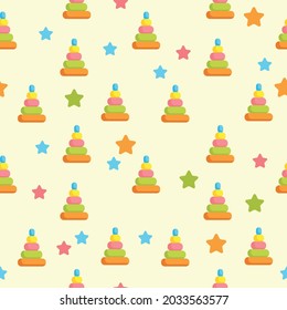 Seamless background with children s toys. Colored pyramids in the form of a cone and multicolored stars on a beige background. Children s pattern in the style of minimalism. Vector illustration.