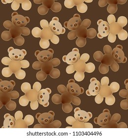 Seamless background with a children's plush cuddly bears in brown and beige colors Vector realistic isolated 3D illustration.