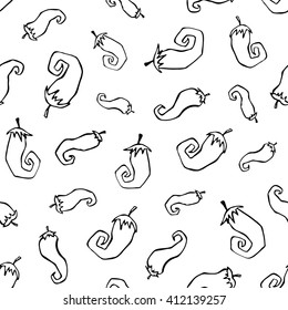 Seamless background with chili peppers. Hand draw peppers patternon white background. Mexican background from jalapeno outlines.