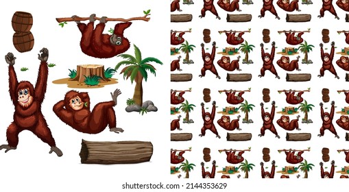Seamless background with chimpanzee and trees illustration