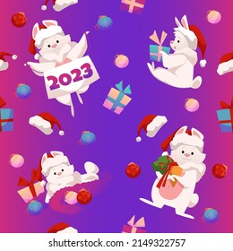 Seamless background with Chinese new year 2023 Rabbit, flat cartoon vector illustration. Seamless pattern for New Year holiday wrapping and design with rabbit.