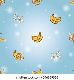 Seamless background with Chinese New Year 2016 greeting celebration symbols: banana bundle, ripe banana, flowers. Pattern with isolated cartoon holiday decorative art elements on light blue backdrop