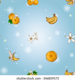 Seamless background with Chinese New Year 2016 greeting celebration symbols: mandarin, orange, flowers, flower, banana. Pattern with isolated cartoon holiday decorative elements on light blue backdrop