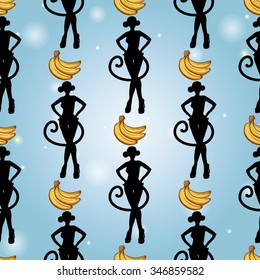 Seamless background with Chinese New Year 2016 greeting celebration symbols: ape, banana bundle, mandarin, orange. Pattern with isolated cartoon holiday decorative art elements on light blue backdrop