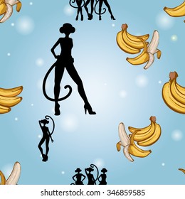 Seamless background with Chinese New Year 2016 greeting celebration symbols: ape, monkey girl, sexy monkey, banana. Pattern with isolated cartoon holiday decorative art elements on light blue backdrop