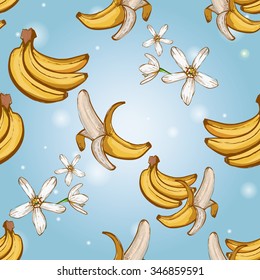 Seamless background with Chinese New Year 2016 greeting celebration symbols: banana bundle, ripe banana, flowers. Pattern with isolated cartoon holiday decorative art elements on light blue backdrop