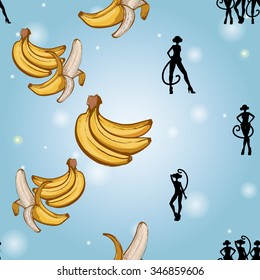 Seamless background with Chinese New Year 2016 greeting celebration symbols: ape, monkey girl, sexy monkey, banana. Pattern with isolated cartoon holiday decorative art elements on light blue backdrop