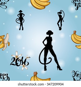 Seamless background with Chinese New Year 2016 greeting celebration symbols: happy new year, ape, monkey girl, banana. Pattern with isolated cartoon holiday decorative elements on light blue backdrop
