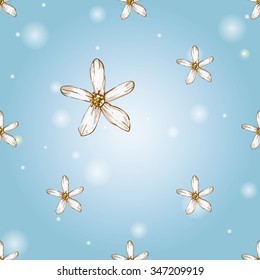 Seamless background with Chinese New Year 2016 greeting celebration symbols: flower. Pattern with isolated cartoon holiday decorative art elements on light blue backdrop
