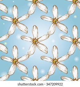 Seamless background with Chinese New Year 2016 greeting celebration symbols: flower. Pattern with isolated cartoon holiday decorative art elements on light blue backdrop