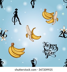 Seamless background with Chinese New Year 2016 greeting celebration symbols: happy new year, ape, monkey girl, banana. Pattern with isolated cartoon holiday decorative elements on light blue backdrop