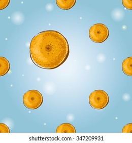 Seamless background with Chinese New Year 2016 greeting celebration symbols: big mandarin. Pattern with isolated cartoon holiday decorative art elements on light blue backdrop