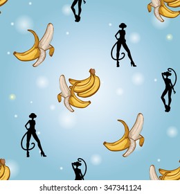 Seamless background with Chinese New Year 2016 greeting celebration symbols: monkey girl, monkey, ripe banana. Pattern with isolated cartoon holiday decorative art elements on light blue backdrop