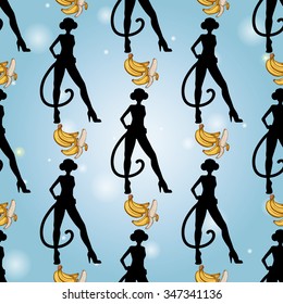 Seamless background with Chinese New Year 2016 greeting celebration symbols: monkey girl, banana bundle. Pattern with isolated cartoon holiday decorative art elements on light blue backdrop