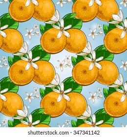 Seamless background with Chinese New Year 2016 greeting celebration symbols: mandarin and flowers. Pattern with isolated cartoon holiday decorative art elements on light blue backdrop