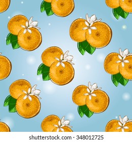 Seamless background with Chinese New Year 2016 greeting celebration symbols: orange. Pattern with isolated cartoon holiday decorative art elements on light blue backdrop