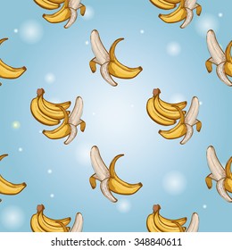 Seamless background with Chinese New Year 2016 greeting celebration symbols: ripe banana and banana. Pattern with isolated cartoon holiday decorative art elements on light blue backdrop
