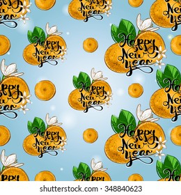 Seamless background with Chinese New Year 2016 greeting celebration symbols: mandarin, orange. Pattern with isolated cartoon holiday decorative art elements on light blue backdrop