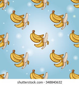 Seamless background with Chinese New Year 2016 greeting celebration symbols: ripe banana. Pattern with isolated cartoon holiday decorative art elements on light blue backdrop
