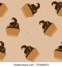 Seamless background with chocolate cupcakes. Vector illustration.