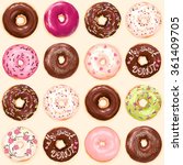 Seamless background of chocolate, pink, soft pink and green glazed donuts, vector collection of donuts illustration.