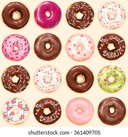 Seamless background of chocolate, pink, soft pink and green glazed donuts, vector collection of donuts illustration.