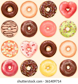 Seamless background of chocolate, red heart, green, yellow and orange color glazed donuts, vector collection of donuts illustration.