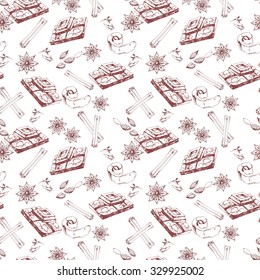 Seamless background with chocolate and spices. Hand drawn vector illustration.