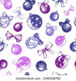 Seamless background with Christmas balls and bows. Seamless pattern with hand-drawn Christmas toys Bright pattern on transparent background. For the design of gift boxes, Wallpaper, boxes