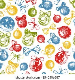 Seamless background with Christmas balls and bows. Seamless pattern with hand-drawn Christmas toys Bright pattern on transparent background. For the design of gift boxes, Wallpaper, boxes