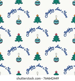 Seamless background christmas banner. Vector drawn Christmas tree with stars, Christmas balls, festive handwritten text Happy New Year. Cartoon style.