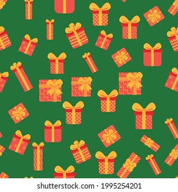 Seamless background with Christmas boxes and gifts. Christmas packaging, new year.