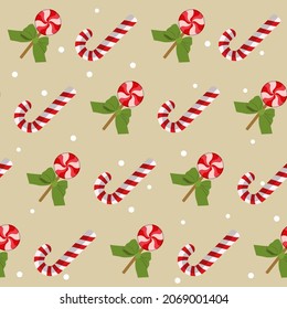 Seamless background with Christmas candies and lollipops on a beige background. Vector illustration. For decoration textile, packaging.