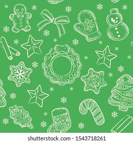 Seamless background with Christmas coffee time themed items. Vector pattern.