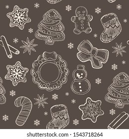 Seamless background with Christmas coffee time themed items. Vector pattern.