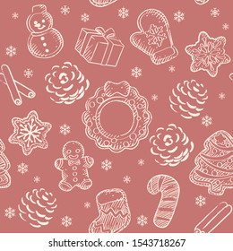 Seamless background with Christmas coffee time themed items. Vector pattern.