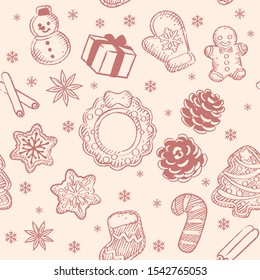 Seamless background with Christmas cookies and related items. Vector pattern.