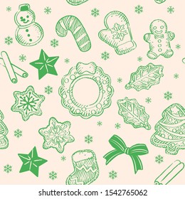 Seamless background with Christmas cookies and related items. Vector pattern.