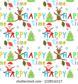Seamless background of Christmas decorated with cute Santa Claus,flower,leaves,Christmas tree,snow flakes,stars