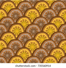Seamless background with Christmas decorations from dried oranges. For season greeting cards, posters, advertisement, wrapping paper.