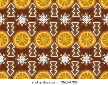 Seamless background with Christmas decorations from dried oranges, gingerbread and cookies. For season greeting cards, posters, advertisement, wrapping paper.