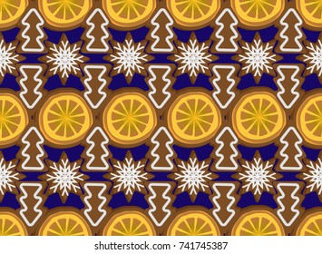 Seamless background with Christmas decorations from dried oranges, gingerbread and cookies. For season greeting cards, posters, advertisement, wrapping paper.