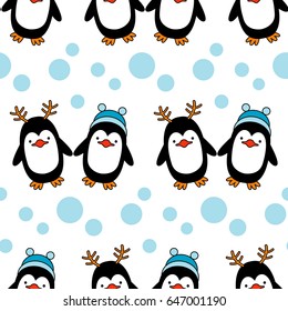 Seamless background with Christmas decorative penguins. Vector illustration.
