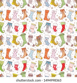 Seamless background with christmas gift socks on white background. Can be used for wallpaper, pattern fills, textile, web page background, surface textures