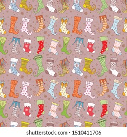 Seamless background with christmas gift socks on neutral brown background. Can be used for wallpaper, pattern fills, textile, web page background, surface textures