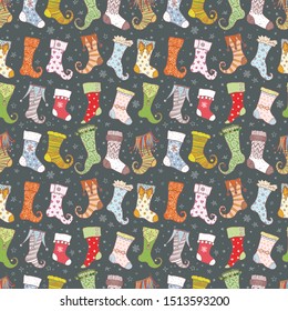 Seamless background with christmas gift socks on neutral dark green background. Can be used for wallpaper, pattern fills, textile, web page background, surface textures